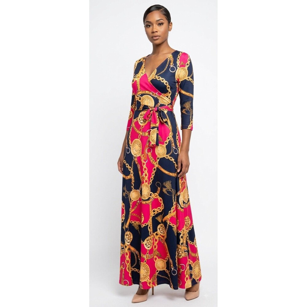 Designer Women's Belt Gold Chain Multi  Maxi Faux Wrap Pockets Dress Large NWOT